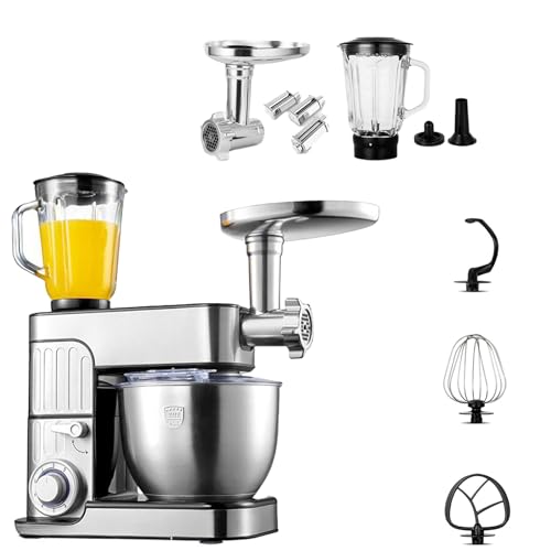 Food Processor Stand Mixer 6 Speed 5L/7L with Meat Grinder Juicer and Splash Guard, 3-in-1 Electric Home Mixer for Baking and Salad Preparation