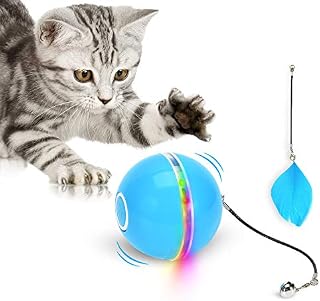 Interactive Cat Toys Ball with LED Light & Catnip, 2020 Upgraded Ring Bell Feather Pet Toy,Auto Spinning Smart Cat Ball Toy,USB Rechargeable Stimulate Hunting Instinct Kitty Funny Chaser Roller