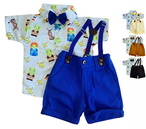 Shrek Kit Roupa Conjunto Infantil Menino 4 Peças Camisa Gravata Bermuda e Suspensório Aniversário Me