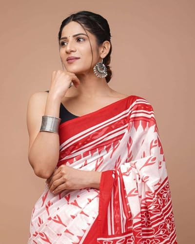 Image of Hand Block Printed Cotton Mulmul Saree | Soft Lightweight Summer Saree | Pure Cotton Traditional Indian Saree for Women