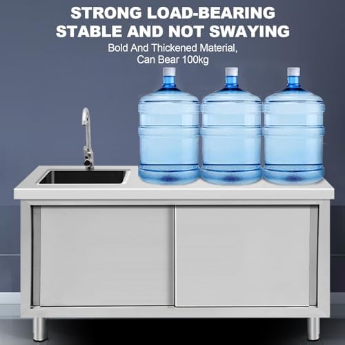 Outdoor Stainless Steel Utility Sink with Cabinet & Workbench - Freestanding Laundry Sink for Garage, Restaurant, & Commercial Use - Includes Faucet & Storage Shelves (Left Color)