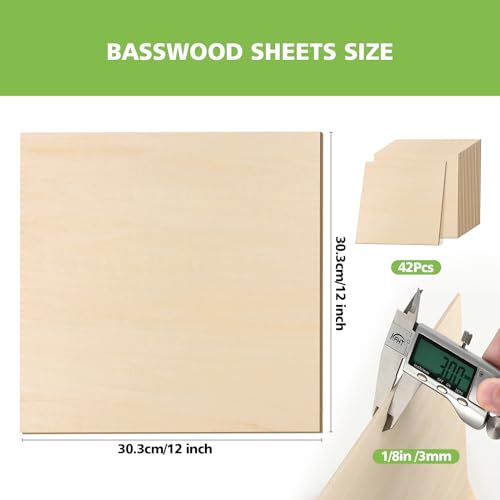 30 Pack Basswood Sheets 1/8", 12 x 12 Plywood Basswood Sheets for Laser Cutting and Engraving, 3 mm Unfinished Wood Sheets Basswood for Wood Burning Models Carving Painting DIY Ornaments - Image 2