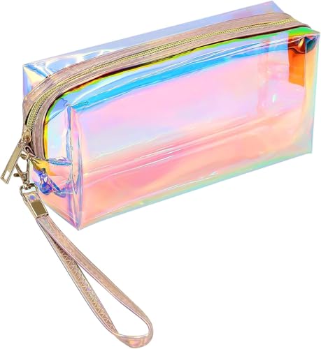 Pluzmecalm 1pc Clear Iridescent Holographic Makeup Bag with Zipper