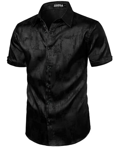 ZEROYAA Men's Shiny Luxury Silk Satin Jacquard Dress Shirt Short Sleeve Button Up Shirts for Party Prom2