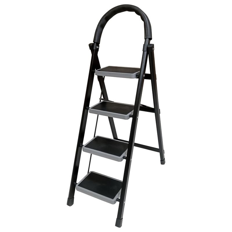 Image of TNT The Next Trend 4 Step Steel Step-Ladder for Home | Heavy Duty Foldable Ladder with Wide Ant-Slip Steps and Anti-Skid Shoes - Black