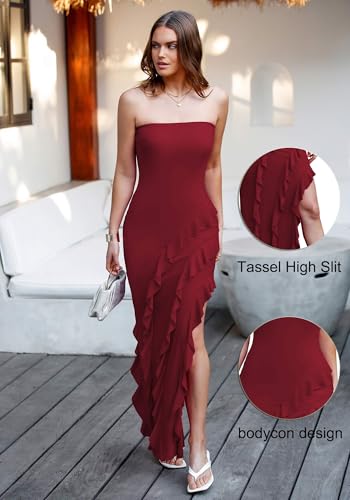 Capuffy Womens Tube Strapless Maxi Dress Irregular Ruffles Hem Cocktail Dress Off Shoulder Tassel High Slit Evening Gown 3124