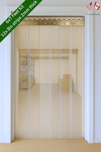 Image of Byson PVC Strip Curtain Door Kit 6 x 7 Feet (1.8 x 2.1 Meters) Coldroom Warehouse Catering Vinyl Ribbed Plastic Curtain Kit with 12 Strips (2mm Thick and 200mm Wide)