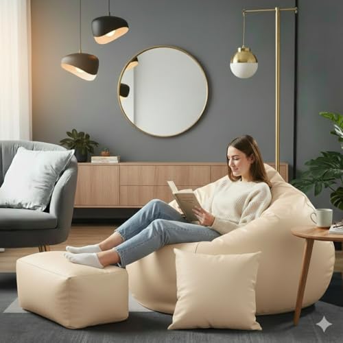 Image of Luxury 5XL Jumbo Bean Bag with Footrest & Cushion | Premium Leatherette | High-Density Beans Filled | Heavy Duty Double Stitch | 6 Months Warranty Color- (Navy Blue) (Cream)