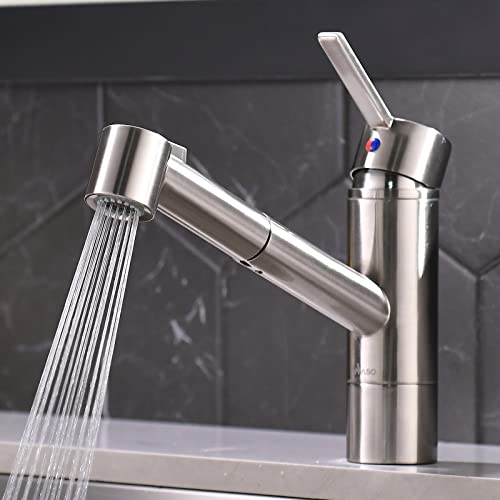 APPASO Modern Kitchen Faucets with Pull-Out Sprayer Brushed Nickel, Single Hole Single Lever for RV Kitchen Sink Bar Faucet with Deck Plate, Stainless Steel, APS153-BN