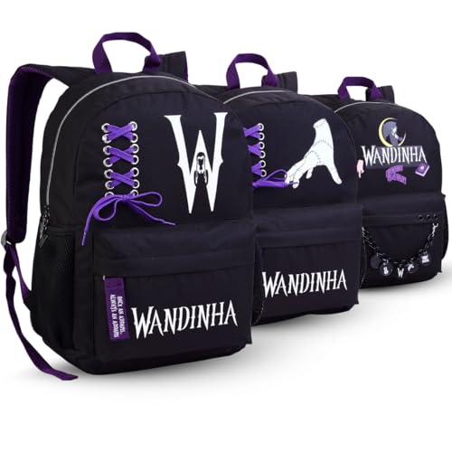 Mochila Bolsa Mala Escolar Feminina Preta Wandinha Mãozinha Familia Adams Oficial (PRETO)