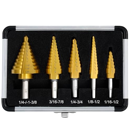 5PCS Titanium Step Drill Bit - 4241 HSS Step Bit with Two Straight Flutes, 50 Sizes from 3/16' to 1-3/8' for Metal, Aluminum, Wood & Plastic, Unibit for Electricians & DIY with Aluminum Case