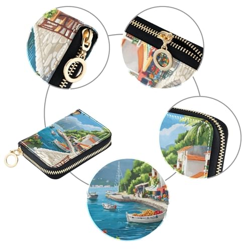 Small Women's Wallets RFID Blocking Credit Card Holders Zip Around Zipper Wallet with Coin Pocket Beautiful Bay Town Scene4