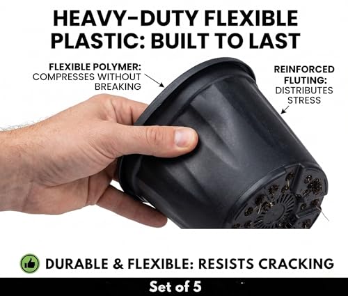 Image of Plastic Flower Pots 12 Inch | Black Nursery Plant Pots for Indoor & Outdoor Gardening | Lightweight, Durable Pots with Drainage for Seeds, Succulents & Saplings | Pack of 5