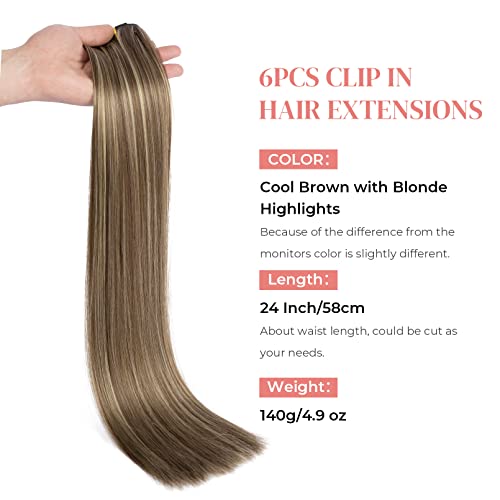 Clip In Hair Extensions，Lonai 6Pcs Straight 24" Hair Extensions For Women，Heat Resistant Synthetic Hairpiece-Cool Brown With Blonde Highlights #TOP3