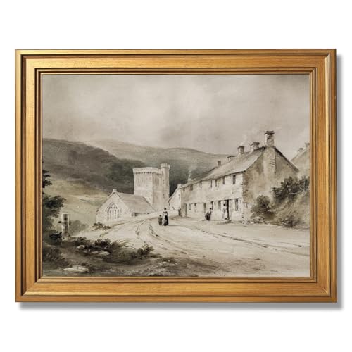 Retro Snowy Mountain Village Tower Wall Art Country Moody Nature