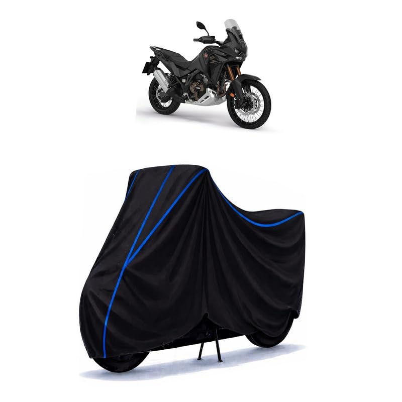 Image of Africa Twin Bike Cover Water Resistant Universal Motorcycle Rain | Heavy Duty UV Protection, Dust, Scratch Indoor Outdoor All Weather with Black Blue Piping Elastic