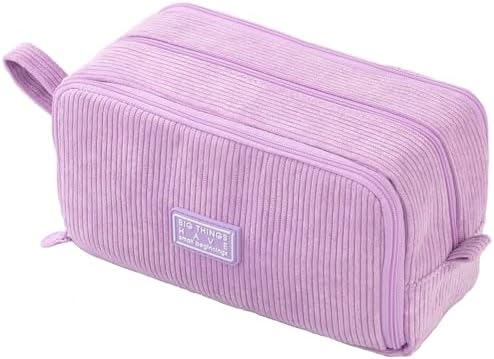 VICDUEKG Federmäppchen aus Cord-Stoff Federtaschen Mäppchen mit 3 Fächer Schulmäppchen Große Kapazität Stiftetasche Pencil Case für Schule & Büro (Lila)