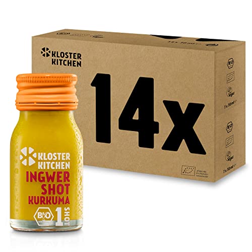 Kloster Kitchen Bio Jengibre Shot Turmeric 1SHOT 14x 30 ml con trozos de jengibre reales | Jengibre Shot con cúrcuma vegano en botella para llevar | Dulce y picante sin aditivos.