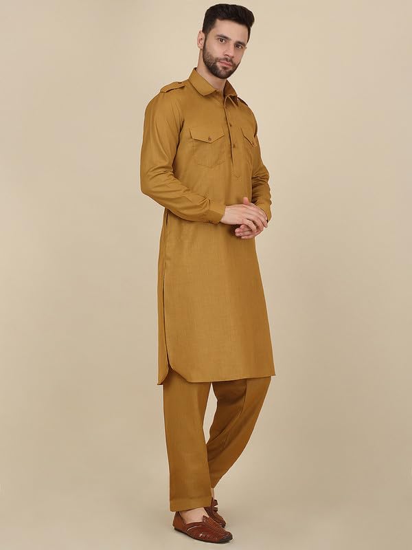 Image of KRAFT INDIA Men's Cotton Pathani Kurta With Drawstring Salwar Set