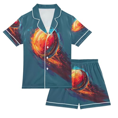 senya Pajama Sets Silky Button Down Nightwear Sleepwear Size 5-14 Years Flaming Cricket Ball