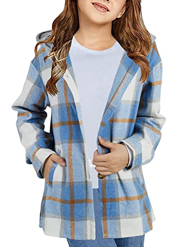 Image of Girls Cute Flannel Plaid Button Down Top with Pockets Long Sleeve Hooded Jacket