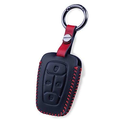 Image of JVCV Car Styling Soft Handmade Leather Key Cover Compatible with Tata Nexon Harrier Tiago EV Altroz Tigor Safari Nexon EV Punch Punch EV 4 Button Smart Key (Black)