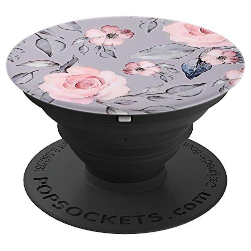Pink Flowers Purple Floral and Gray Leaves Pattern PopSockets Grip and Stand for Phones and Tablets