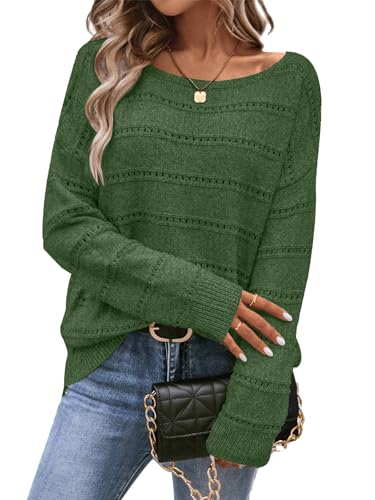 Image of Women's Sweater Soft Boat Neck Long Sleeve Oversized Sweaters Crochet Pullover Knit Tops