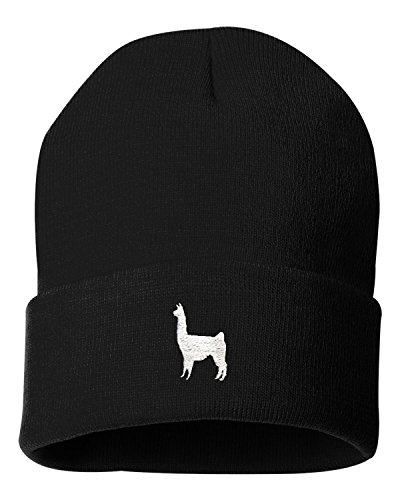Go All Out One Size Black Cuffed Llama Embroidered Cuffed Knit Beanie Cap