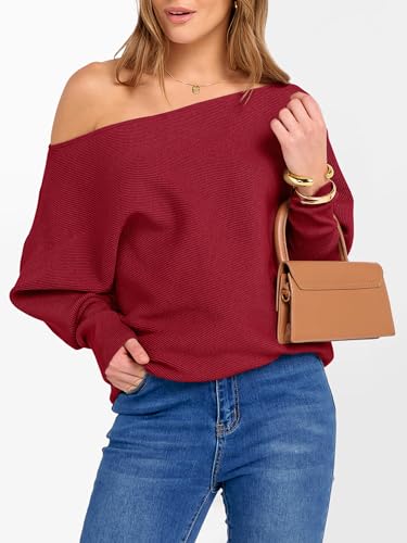 Image of ANRABESS Womens Off Shoulder Sweaters 2026 Fall Long Batwing Sleeve Loose Fit Knit Tops Casual Pullovers Jumpers