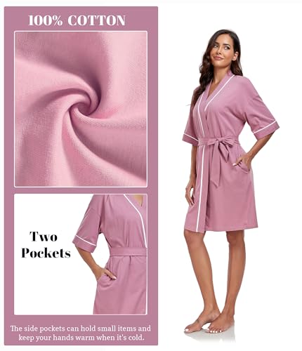 Image of ANLIQI Womens 100% Cotton Robes Lightweight Summer Short Sleeve Lady Bathrobe Knee Length Kimono Robe Sleepwear with Pockets