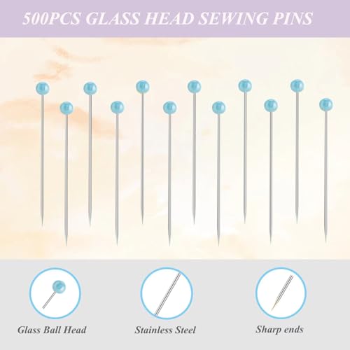 500 PCS Quilting Pins, 1.75IN Straight Pins Long Blue Glass Ball Head Sewing Pins for Fabric, Stainless Steel Dressmaker for Sewing, Crafts, Jewelry Making, DIY
