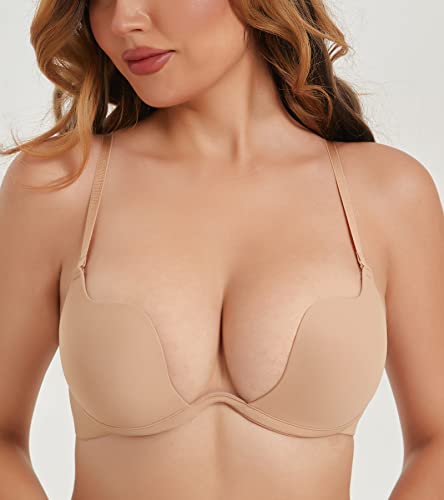 Haci Women's Deep U Plunge Bra Push Up Low Cut Bra Underwire Multiway(Nude,34D) #TOP2