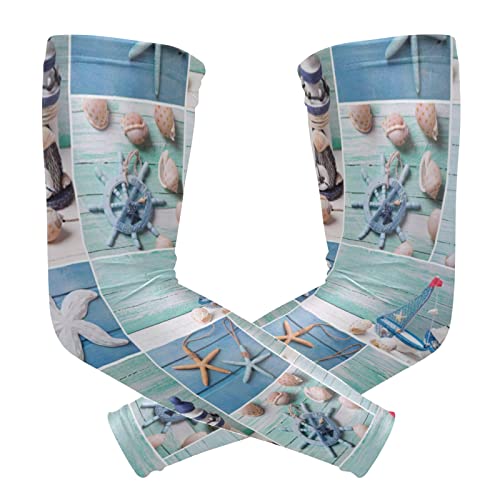 Marine Lighthouse Sailboats Starfishes Ships Steering Wheel on Wood 1 Pair Cooling Sports Arm Sleeves, Cover Uv Sun Protection Warmer for Sports Men Women Running Golf Cycling Riding Jogging