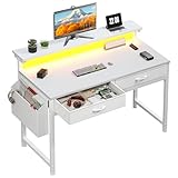 Bepatio Computer Desk with Drawers, 32 Inch Corner Desk with LED RGB Light Strip & Monitor Stand, Gaming Desk with Storage, Side Pocket & Hooks, Home Office Desk for Bedroom, Small Space White