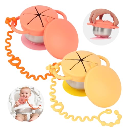 Daximo 2 Pack Toddler Snack Cups 5-in-1 Snack Cups for Toddlers Spill Proof with Suction Cup and Anti-Loss Rope Detachable Stainless Steel Cups with Silicone Lids & Handles (Orange and Yellow)