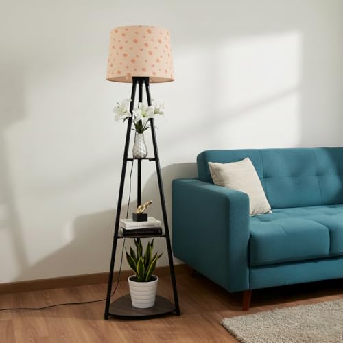 Image of Tripod Metal Floor Lamp with Shelves Stylish Standing Lamp for Living Room Decoration Bedroom Corner Stand Aesthetic Home Decor (Orange Polka Dots) LED Bulb Included