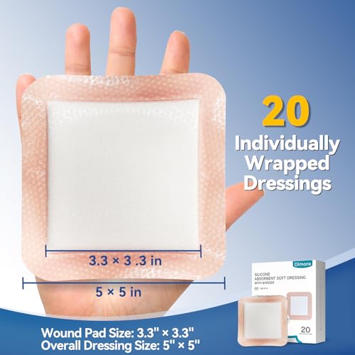 Image of Dimora 20 Count Silicone Super Absorbent Wound Dressing - Gentle Border 5 inch x 5 inch Adhesive Bandages for Diabetic Foot Ulcers, Heavy Exudate Wound Care Pads with Ultrasorb Polymer