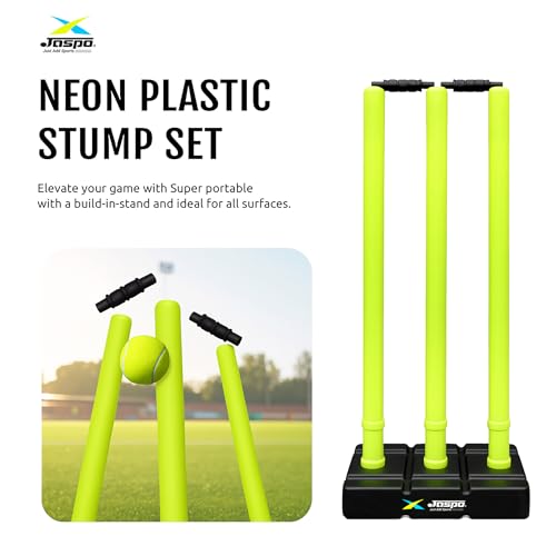 Image of Jaspo Cricket Wicket Set - 30 Inch Neon Colour Plastic Stumps with Stand & Bails | Durable Cricket Wickets for Ground, Match, Tournament, Practice | Standard Size Cricket Kit for All Ages