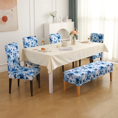 Image of HOKIPO Premium Printed Velvet Dining Chair Cover Set of 4 with 1 Bench Cover, Blue Azure Botanical (AR-5799-D8)