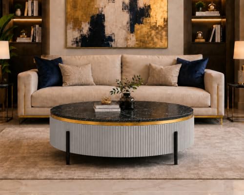Image of WOODEN SPACE Premium Luxury Nazaara Marble-Top Coffee Table with Iron Legs & PVD Coating | Modern Round Wooden Center Table for Living Room & Entryway