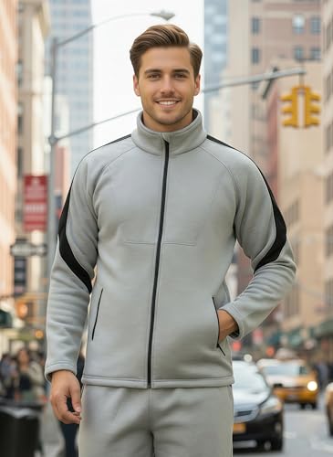 Image of CHKOKKO Men's High Neck Winter Tracksuit Set with Full-Zipper Upper & Elasticated Waist Jogger Pants | Warm Soft Solid Activewear for Gym, Running & Casual Use LGTGREYBLK M
