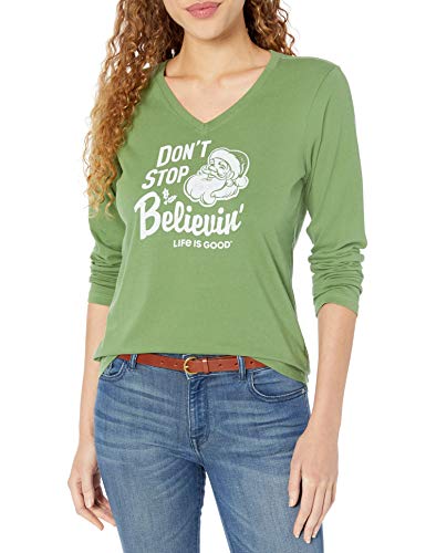 Life is Good Women's Womens Crusher V-Neck Longsleeve T-Shirt, Fresh Pine, L