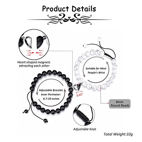 Jovivi Couples Bracelets 8mm Natural Stone Beads Healing Crystals Stretch Bracelet Matching Heart Charms Adjustable for His and Her Jewelry Lovers Best Friends Friendship Gifts4