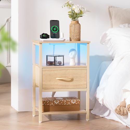 Image of Yoobure Night Stand with Charging Station, LED Nightstand for Bedroom, Bedside Tables with Adjustable Fabric Drawer, 3-Tier End Table Living Room, Small Side Table with Storage, Natural Wood