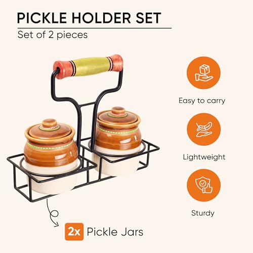 Image of AAKRITI ART CREATIONS Dual Elegance Ceramic Barni with Metal Stand | Ceramic Achar ki Barni & Mukhwas Box | Handcrafted Wali Art Storage Jar for Spice & Pickle | Traditional Achaar Barni for Kitchen
