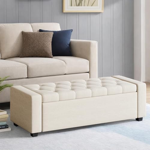 VIKAYAMICS 47" Storage Ottoman Bench, Ottoman with Safety Hinge, Upholstered Storage Chest, for Bedroom, Living Room, Entryway, Holds up to 400 lb, Beige