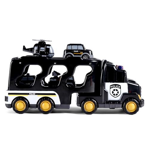 Image of Play Nation 5-in-1 Friction-Powered Truck Toy Set with Light&Sound-Educational Transport Carrier Vehicle for Kids 3 Years+,Emergency Rescue Toy for Girls&Boys,Birthday Gift (Police,Black)