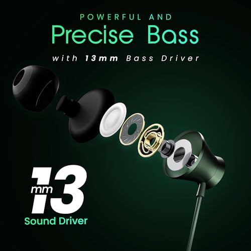 Image of HAMMER Nova in Ear C Type Earphones Wired with Mic,13mm Driver, in-line Control, Metallic Built, Powerful Bass, Comfortable & Lightweight (Green)