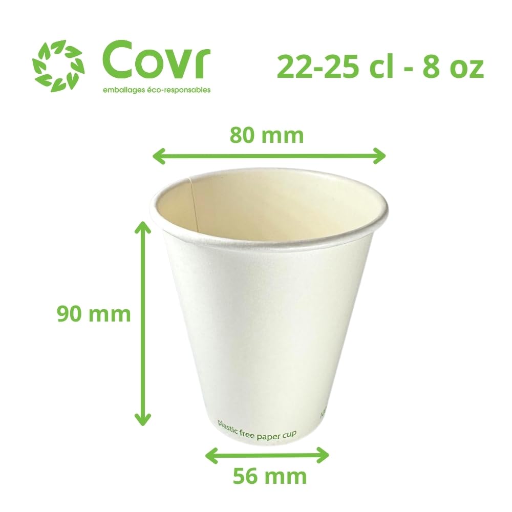 COVR Gobelets sans plastique, Recyclables, Boisson Chaude et Boisson Froide, Solide et Bonne Prise en Main, Résistant (25cl - 8oz / 1000 unités)